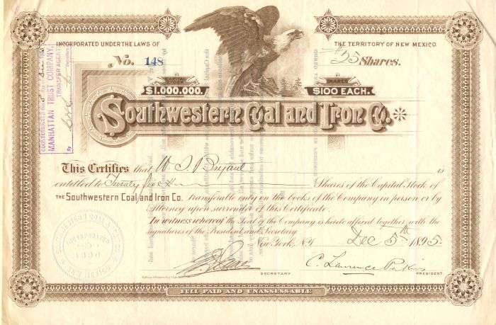 Southwestern Coal and Iron Co. - Stock Certificate