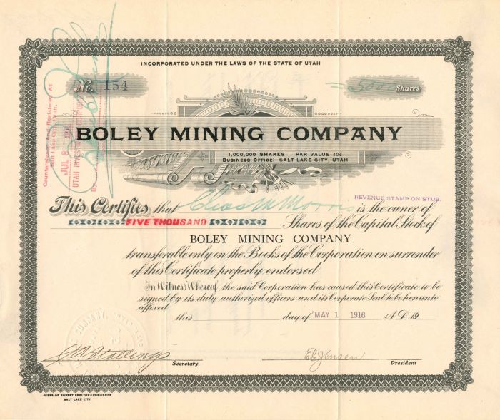 Boley Mining Co. - Stock Certificate