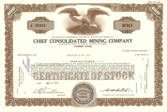 Chief Consolidated Mining Co. - Stock Certificate