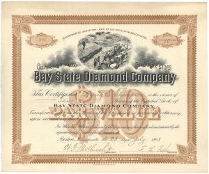 Bay State Diamond Co. of Brazil, S. A. - 1908 Diamond Mining Stock Certificate - Rare Topic