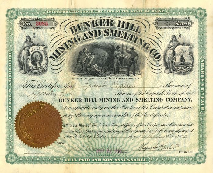 Bunker Hill Mining and Smelting Co Stock Certificate