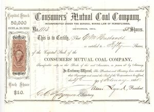 Consumers' Mutual Coal Co. - 1865 dated Stock Certificate