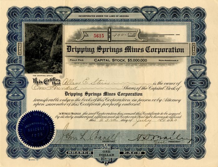 Dripping Springs Mines Corporation - Stock Certificate