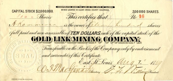 Gold Link Mining Co. - Stock Certificate