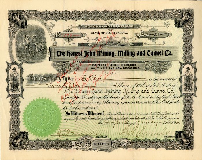 Honest John Mining, Milling and Tunnel Co. - Stock Certificate