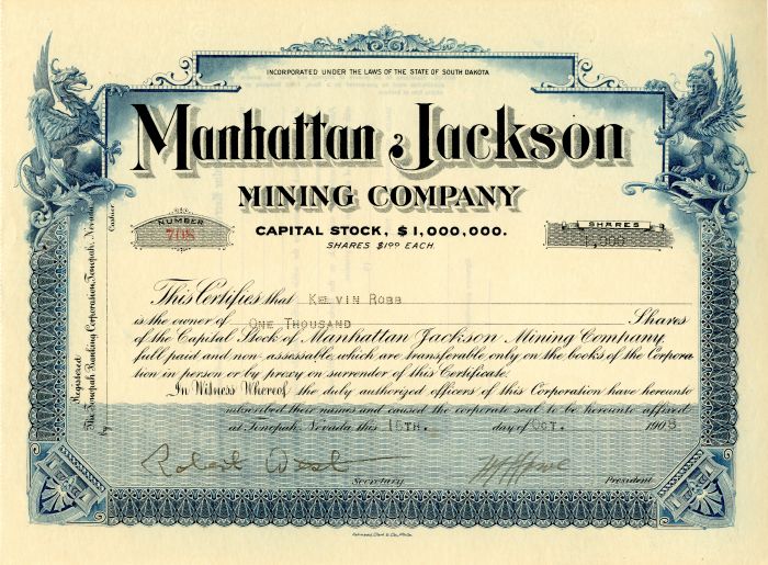 Manhattan Jackson Mining Co. - Stock Certificate