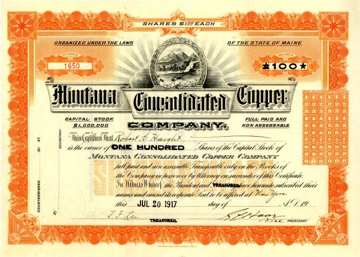 Montana Consolidated Copper Co. - Stock Certificate