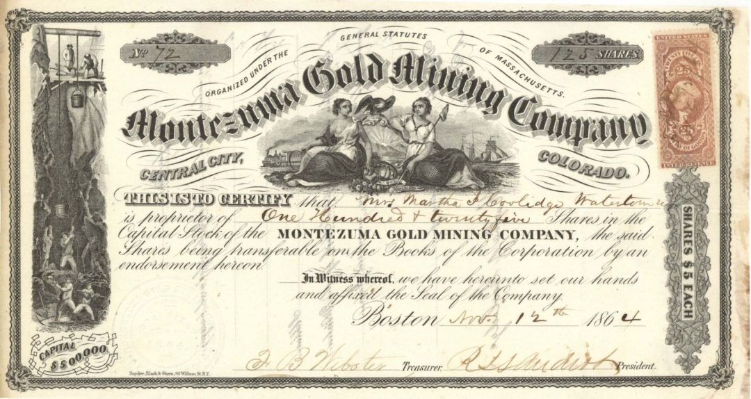 Montezuma Gold Mining Co. - 1866 dated Stock Certificate