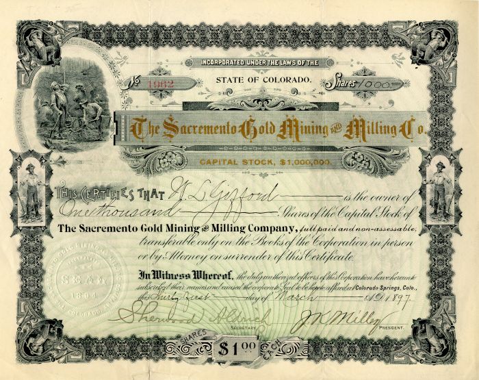 Sacremento Gold Mining and Milling Co. - Stock Certificate