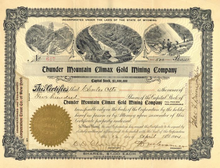 Thunder Mountain Climax Gold Mining Co. - Stock Certificate