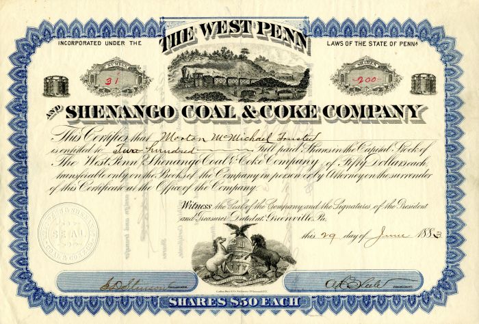 West Penn and Shenango Coal and Coke Co. - Stock Certificate