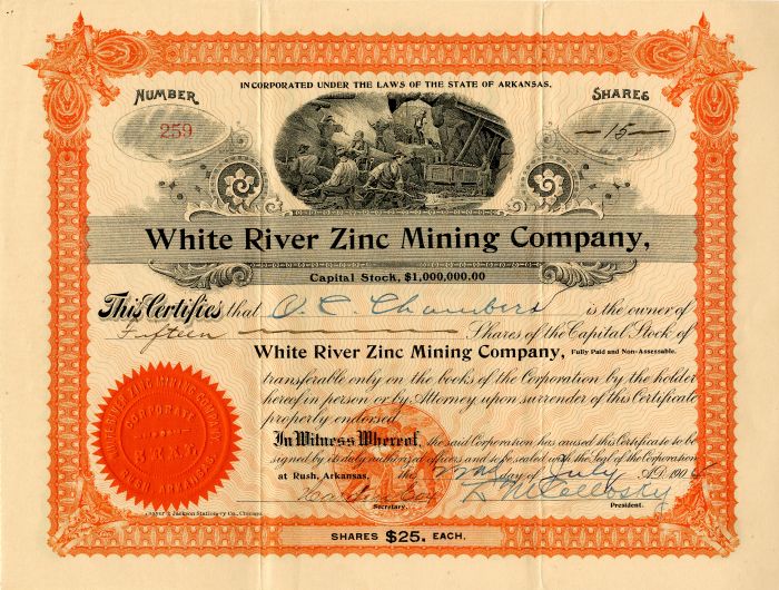 White River Zinc Mining Co. - Stock Certificate