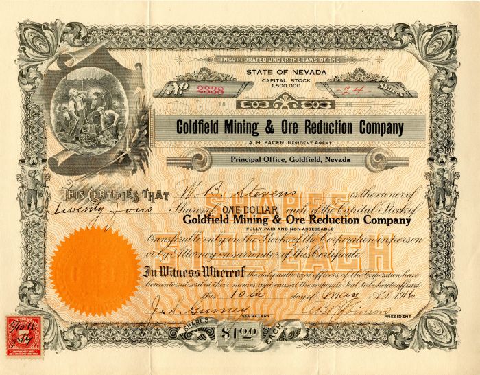 Goldfield Mining and Ore Reduction Co. - Stock Certificate