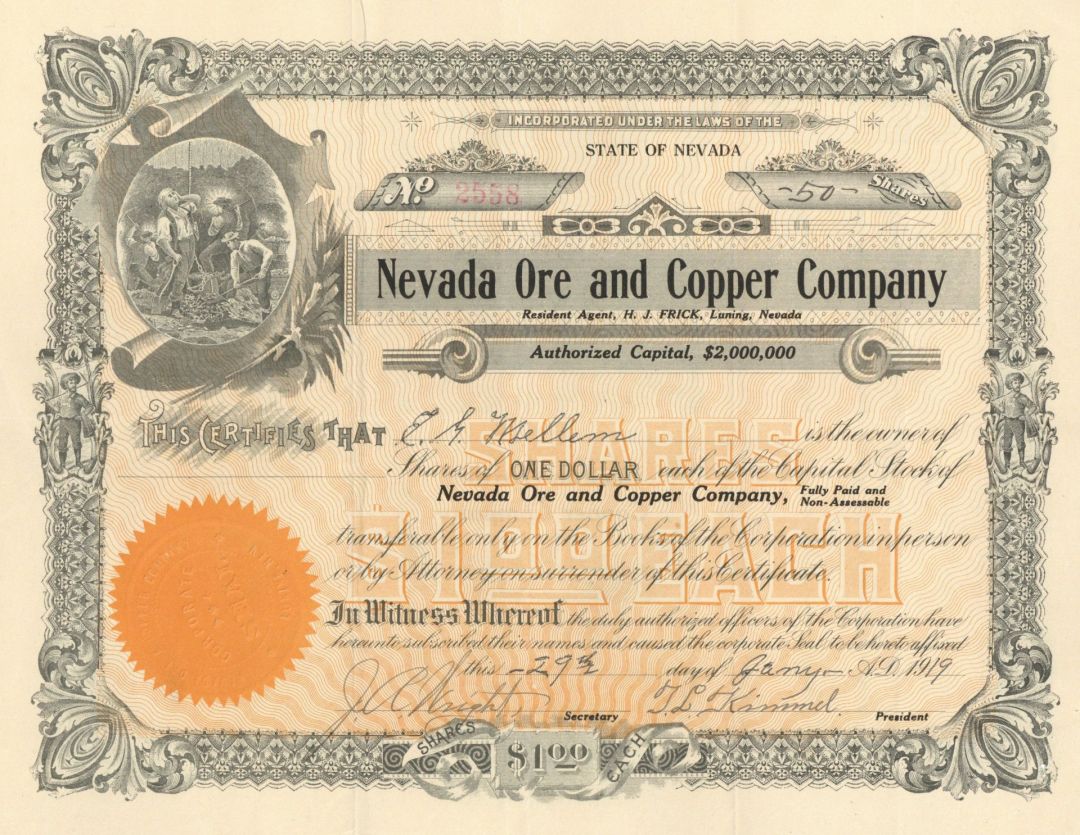 Nevada Ore and Copper Company - Mining Stock Certificate