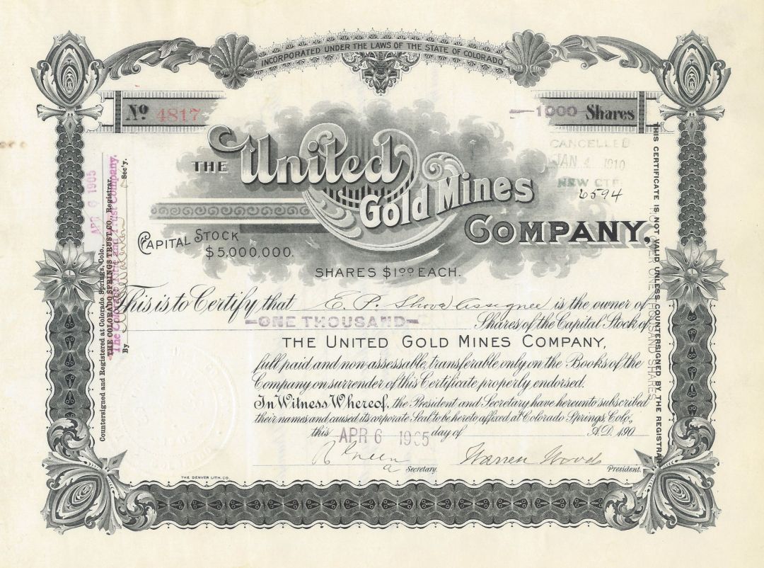 United Gold Mines Co. - 1900's Cripple Creek Colorado Mining Stock Certificate