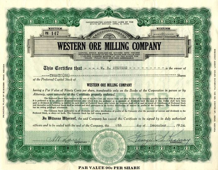 Western Ore Milling Co. - Stock Certificate