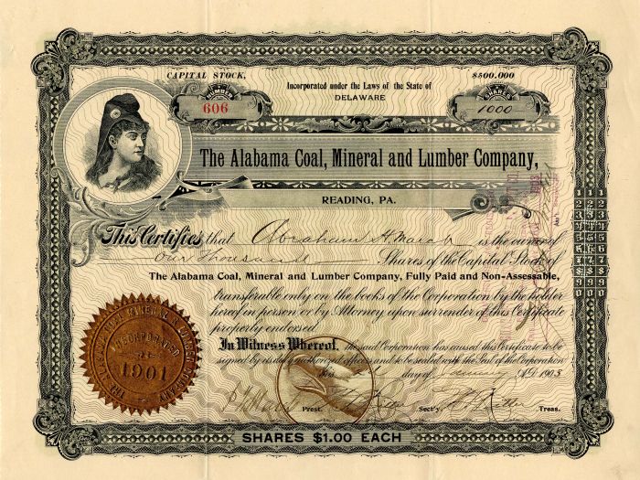Alabama Coal, Mineral and Lumber Co., Reading, PA - Stock Certificate
