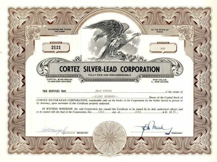 Cortez Silver-Lead Corporation - Stock Certificate