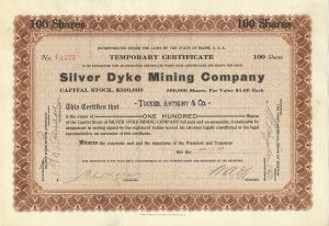 Silver Dyke Mining Co. - 1925-30 dated Montana and Maine Mining Stock Certificate