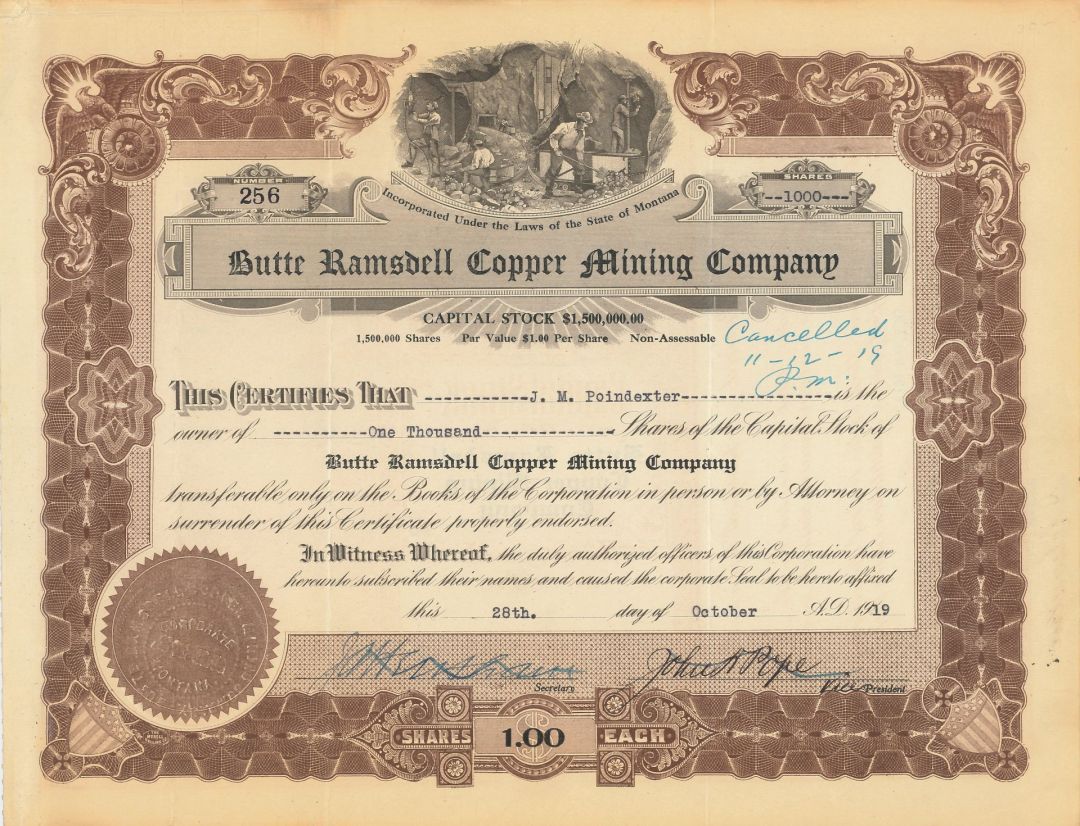 Butte Ramsdell Copper Mining Co. - 1919 dated Montana Mining Stock Certificate