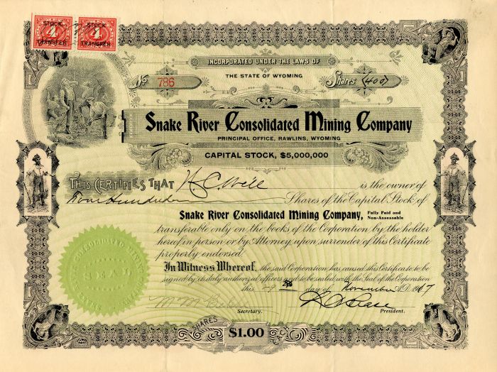 Snake River Consolidated Mining Co. - Wyoming Mining Stock Certificate