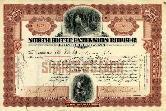 North Butte Extension Copper Mining Co. - Stock Certificate