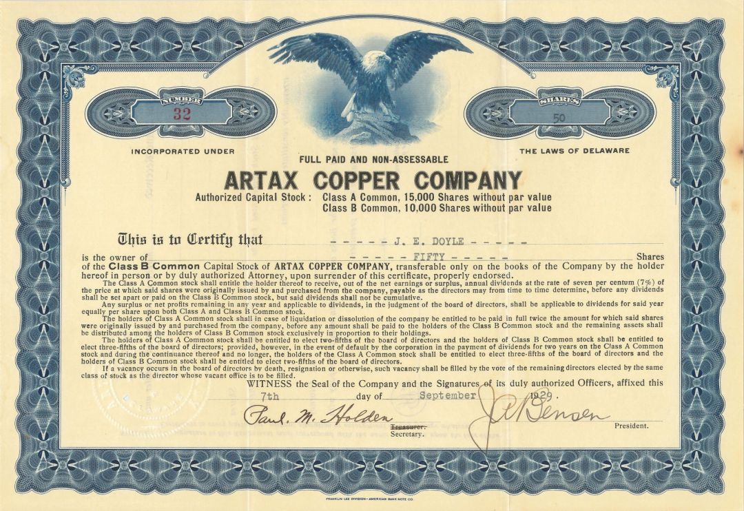 Artax Copper Company - 1929 dated Stock Certificate