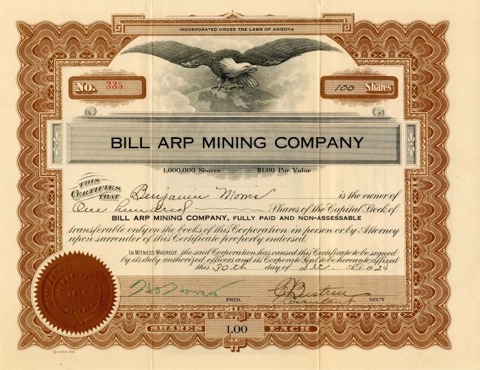 Bill Arp Mining Co. - Arizona Mining Stock Certificate