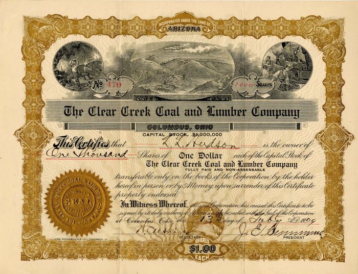 Clear Creek Coal and Lumber Co. - Stock Certificate