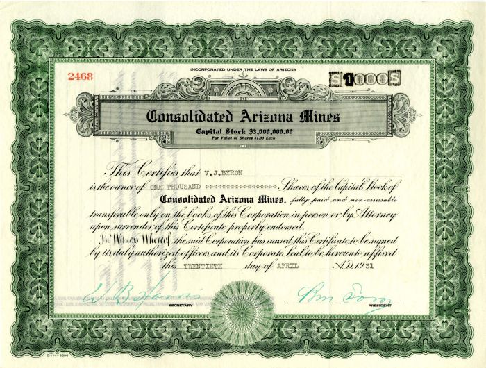 Consolidated Arizona Mines - Stock Certificate