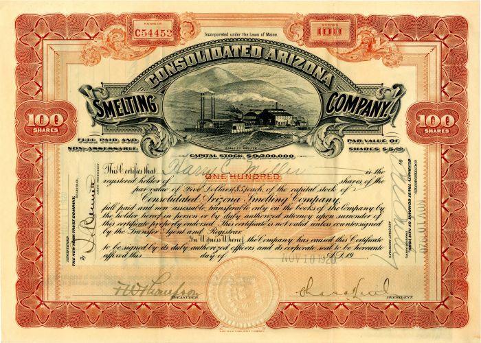 Consolidated Arizona Smelting Co. - Stock Certificate