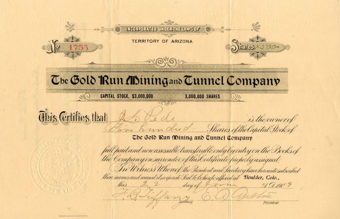 Gold Run Mining and Tunnel Co. - Stock Certificate
