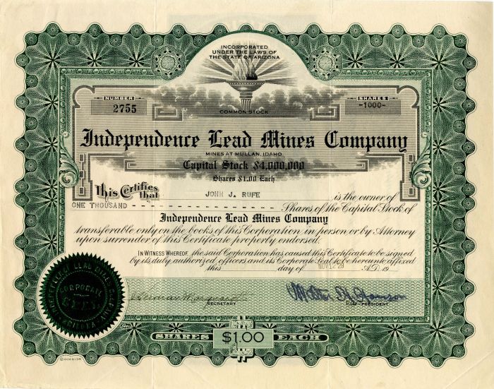Independence Lead Mines Co. - Stock Certificate