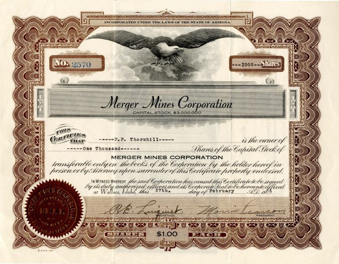 Merger Mines Corporation - Stock Certificate