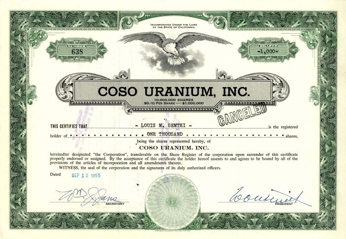 Coso Uranium, Inc. - 1955 dated California Stock Certificate