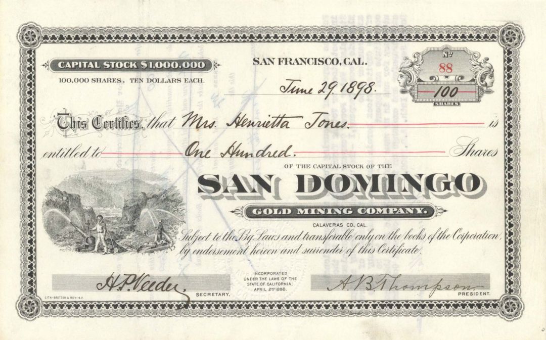 San Domingo Gold Mining Co. - 1898 or 1899 dated Stock Certificate