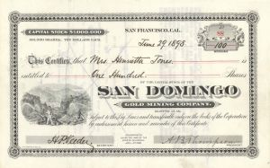 San Domingo Gold Mining Co. - 1898 or 1899 dated Stock Certificate