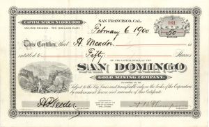 San Domingo Gold Mining Co. - 1900 dated Stock Certificate