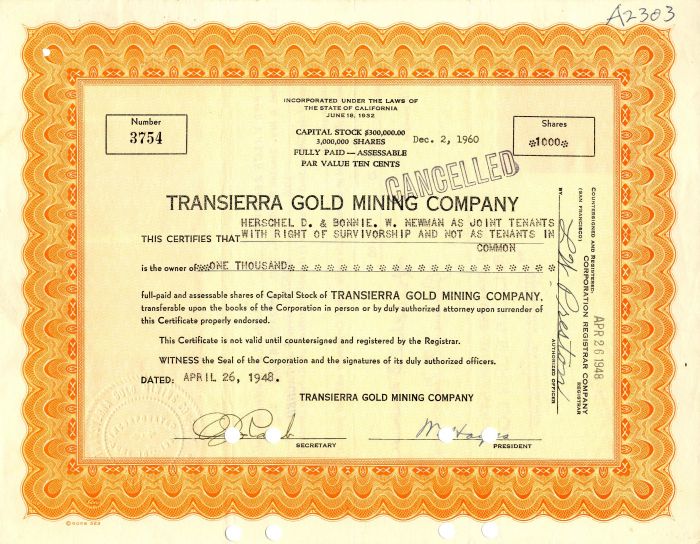 Transierra Gold Mining Co. - Stock Certificate