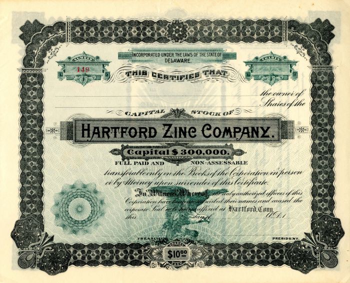 Hartford Zinc Co. - Mining Stock Certificate