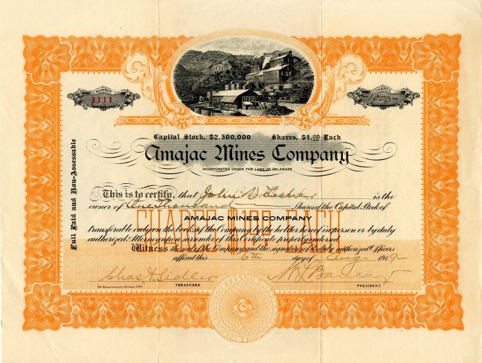 Amajac Mines Co. - Mining Stock Certificate