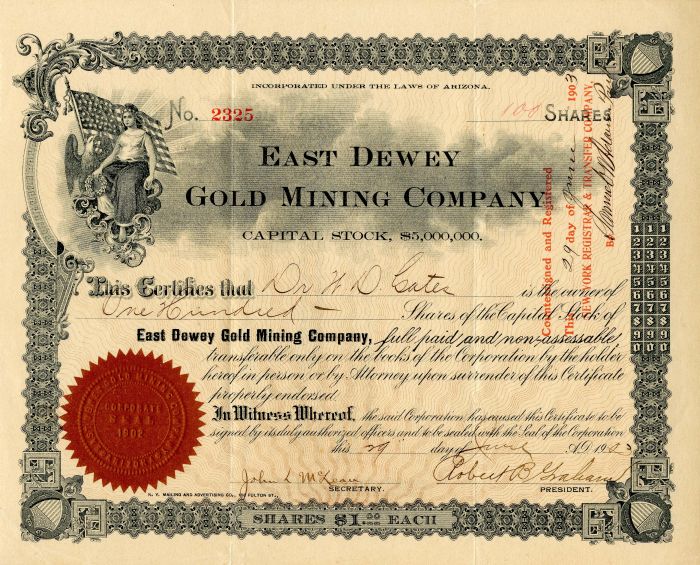 East Dewey Gold Mining Co. - Stock Certificate