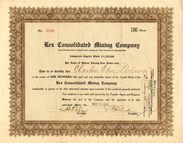 Rex Consolidated Mining Co. - Stock Certificate