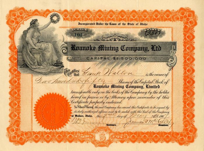 Roanoke Mining Co., Ltd. - Stock Certificate