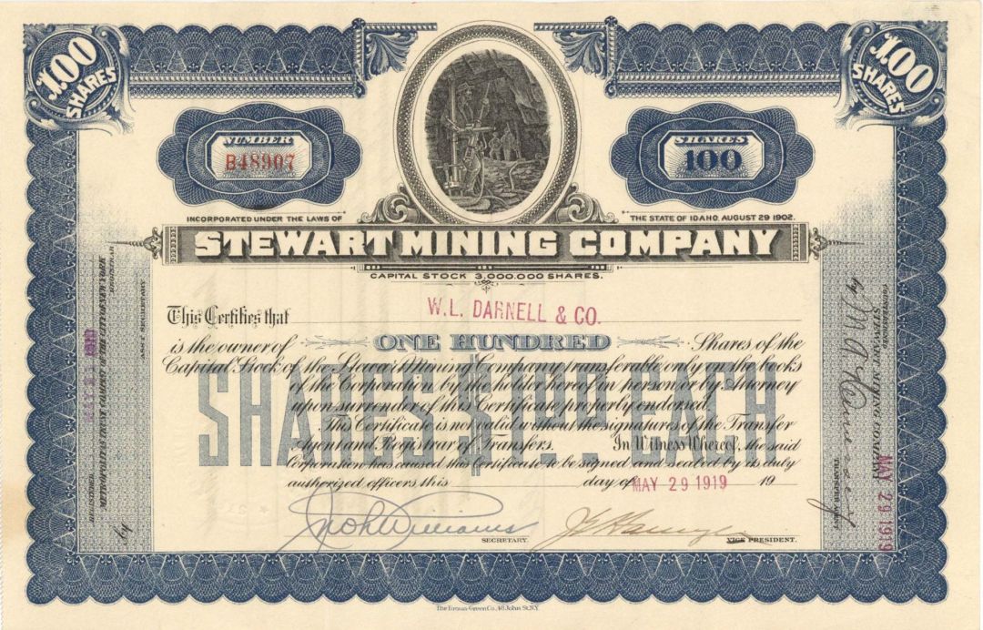 Stewart Mining Co. - 1919 dated Stock Certificate