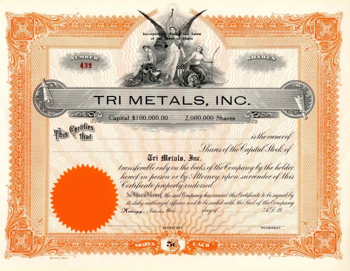 Tri Metals, Inc. - Stock Certificate