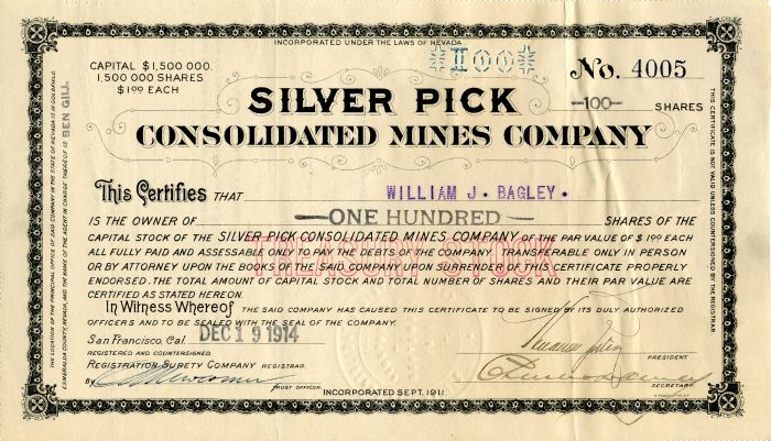 Silver Pick Consolidated Mines Co. - Stock Certificate