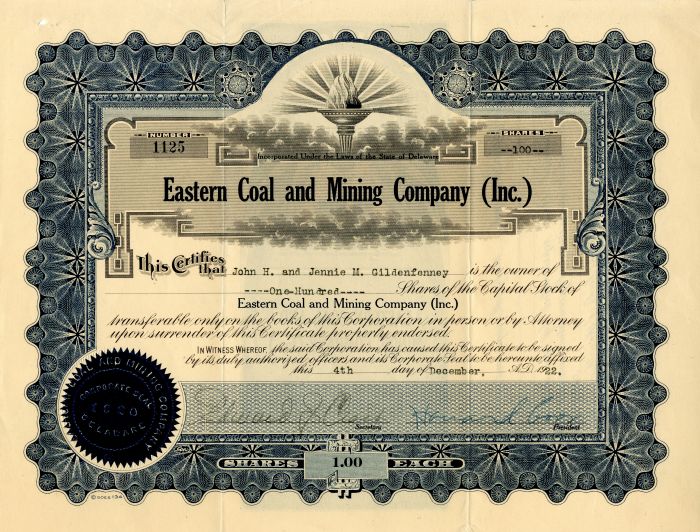 Eastern Coal and Mining Co. (Inc.) - Stock Certificate