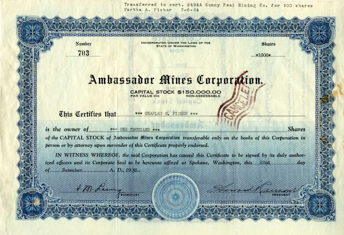 Ambassador Mines Corporation - 1948 dated Mining Stock Certificate