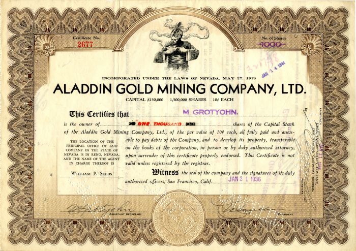 Aladdin Gold Mining Co., Ltd. - Stock Certificate